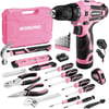 WORKPRO Home Tool Kit with Power Drill 108PCS Power Home Tool Set with 12V 15 Ah Battery Powered Screwdriver and Tool Box Electric Cordless Drill Set with Keyless Chuck and Variable Speed TriggerPink