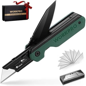 WORKPRO 2in1 Folding KnifeUtility Knife QuickChange Box Cutter with Belt Clip Liner Lock and G10 Handle Extra 10 SK5 Blades Included BlueGreen G10