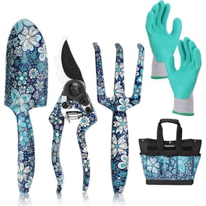 WORKPRO Aluminum Garden Tool Set 4PCS Heavy Duty Hand Garden Tools with Box Include Trowel Rake Pruner Garden Gloves Floral and Insect Printing Garden GiftsBlue flower with bag