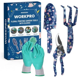 WORKPRO Aluminum Garden Tool Set 4PCS Heavy Duty Hand Garden Tools with Box Include Trowel Rake Pruner Garden Gloves Floral and Insect Printing Garden GiftsBlue insect