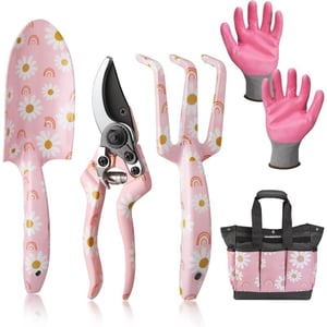 WORKPRO Aluminum Garden Tool Set 4PCS Heavy Duty Hand Garden Tools with Box Include Trowel Rake Pruner Garden Gloves Floral and Insect Printing Garden GiftsPink with bag