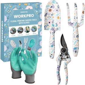 WORKPRO Aluminum Garden Tool Set 4PCS Heavy Duty Hand Garden Tools with Box Include Trowel Rake Pruner Garden Gloves Floral and Insect Printing Garden GiftsWhite