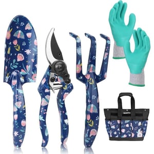 WORKPRO Aluminum Garden Tool Set 4PCS Heavy Duty Hand Garden Tools with Box Include Trowel Rake Pruner Garden Gloves Floral and Insect Printing Garden GiftsBlue insect with bag