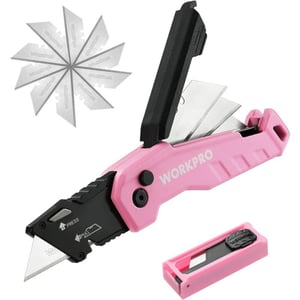 WORKPRO Folding Utility Knife Quick Change Box Cutter Razor Knife for Cartons Cardboard Boxes Blade Storage in Aluminum Handle 13 Extra Blades Included  Pink RibbonPink