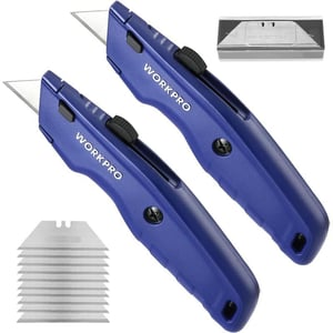 WORKPRO Premium Utility Knife Retractable All Metal Heavy Duty Box Cutter Quick Change Blade Razor Knife with 10 Extra Blades2 Blue