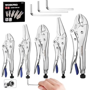 WORKPRO 5Piece CRV Locking Pliers Set 612 912 Long Nose Locking Pliers 5 7 and 10 Curved Jaw Locking Pliers Fast Release with 3pc Hex Keys5