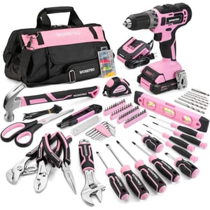 WORKPRO Pink Drill Set 157PCS Tool Kit For Home with 20V Cordless Drill Household Pink Tool Kit including Electric Screwdriver Pink Hammer Tool Kit for Women and Men with Pink Tool BagPink RibbonWORKPRO Pink Drill Set 157PCS Tool Kit For Home with 20V Cordless Drill Household Pink Tool Kit including Electric Screwdriver Pink Hammer Tool Kit for Women and Men with Pink Tool BagPink Ribbon