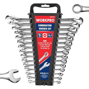 WORKPRO Metric Combination Wrench Set CRV Steel 15PCS Complete Sizes from 8 to 25mm with Rack Organizer Open End and 12Point Box End Mechanic Wrenches Mirror Chrome FinishSAE