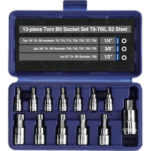 WORKPRO 13piece Torx Bit Socket Set 14 38 and 12 Drive T8T60 S2 Steel with Storage Case For Hand Use OnlyWORKPRO 13piece Torx Bit Socket Set 14 38 and 12 Drive T8T60 S2 Steel with Storage Case For Hand Use Only