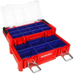 WORKPRO 17inch Plastic Tool Box Red Storage Box with Locking Lid and Stainless Steel Handle 18 Adjustable Compartments for Sockets Crafts and Power ToolsWORKPRO 17inch Plastic Tool Box Red Storage Box with Locking Lid and Stainless Steel Handle 18 Adjustable Compartments for Sockets Crafts and Power Tools