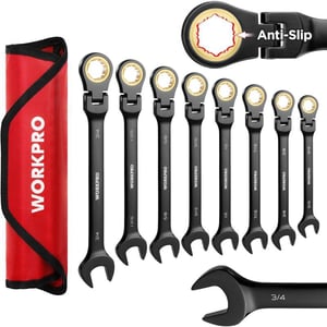 WORKPRO 8piece FlexHead Ratcheting Combination Wrench Set Metric 917 mm 72Teeth CrV Constructed Nickel Plating with Organization BagSAE AntiSlip Tooth