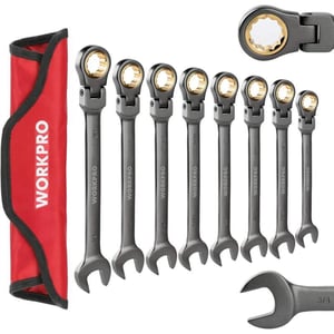 WORKPRO 8piece FlexHead Ratcheting Combination Wrench Set Metric 917 mm 72Teeth CrV Constructed Nickel Plating with Organization BagSAE Regular amp Nickel Plating