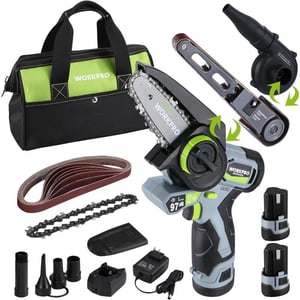 WORKPRO Cordless Detail Belt Sander Mini Chain Saw Electric Blower 3in1 Power Tool Combo Kit 12V Powerful Brushless Motor with 2 Batteries Fast Charger and Storage BagWORKPRO Cordless Detail Belt Sander Mini Chain Saw Electric Blower 3in1 Power Tool Combo Kit 12V Powerful Brushless Motor with 2 Batteries Fast Charger and Storage Bag