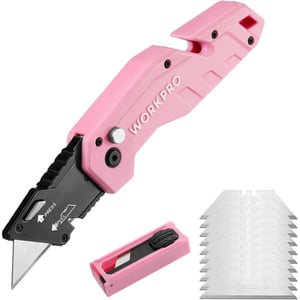 WORKPRO Folding Utility Knife Quick Change Box Cutter Pink Razor Knife for Cartons Cardboard Boxes 10 Extra Blades Included  Pink RibbonPink