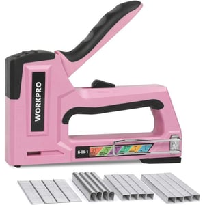 WORKPRO Pink Staple Gun 6in1 Manual Brad Nailer with 4000Pieces Staples for Fixing Material Carpentry Upholstery Furniture and DIY  Pink RibbonPink