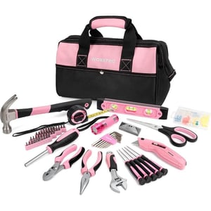 WORKPRO Pink Tool Kit Home Repairing Tool Set with Wide Mouth Open Storage Bag Household Tool Kit  Pink RibbonWORKPRO Pink Tool Kit Home Repairing Tool Set with Wide Mouth Open Storage Bag Household Tool Kit  Pink Ribbon