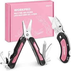 WORKPRO Pink Utility Knife amp Multi Tool Set Folding Box Cutter Quick Change Blade 8 in 1 Multi Function Scissor Portable Pocket Tools for Outdoors Camping Fishing Hiking  Pink RibbonWORKPRO Pink Utility Knife amp Multi Tool Set Folding Box Cutter Quick Change Blade 8 in 1 Multi Function Scissor Portable Pocket Tools for Outdoors Camping Fishing Hiking  Pink Ribbon