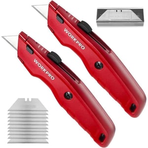 WORKPRO Premium Utility Knife 2PC Retractable All Metal Heavy Duty Box Cutter Quick Change Blade Razor Knife with 10 Extra BladesRed