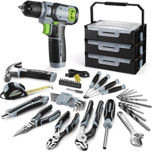 WORKPRO 43PCS Cordless Lithiumion Drill Driver and Toolbox 8V 20 Ah Power Drill Set with Household Hand Tool Kit Battery Powered Screwdriver with Stackable Tool Box Home Tool Set for Repair DIYGrey