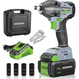 imageWORKPRO Cordless Impact Wrench 12 inch 20V Brushless Impact Gun High Torque 370 FtLbs 500NM Variable Speeds with 40 Ah Battery Fast Charger 4 Impact Sockets and Storage Case