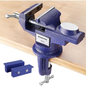 imageWORKPRO Bench Vise 25 Inch Jaw Width Universal Table Vise 360Swivel Base Home Vice Bench Clamp with Magnetic Jaw Pads Portable Clampon Vise Bench for Woodworking Metalworking Drilling