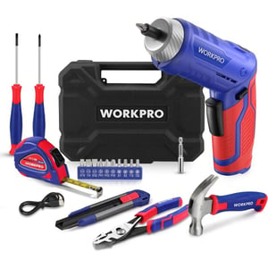 imageWORKPRO Home Tool Kit with 37V Rotatable Electric Screwdriver 18PCS General Household Tool Kit with Toolbox Rechargeable Electric Screwdriver Kit Basic Portable Tool Set for Dorm Garage DIYBlue