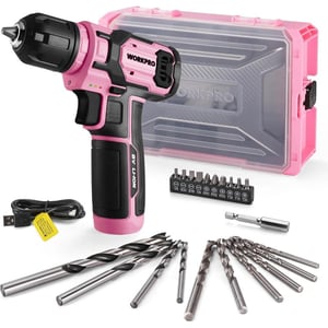 imageWORKPRO Pink Power Drill Set and Stackable Tool Box 8V Cordless Drill Driver with Bit Set 20Ah Electric Cordless Screwdriver Kit with 38quot Keyless Chuck Portable Drill for Home DIY Pink RibbonPink