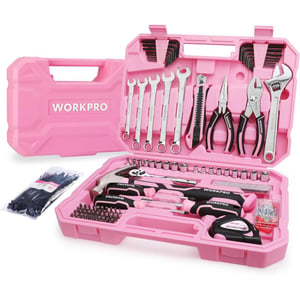 imageWORKPRO Pink Tool Box 284PCS Pink Household Tool Set Pink Tool Kit for Home with Sockets Pliers Ratchet Handle Portable Toolkit for Home Repair New Apartment HouseWarming DIY  Pink Ribbon