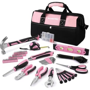 imageWORKPRO Pink Tool Kit 263Piece Home Repairing Tool Set with Wide Mouth Open Storage Bag Household Tool Kit  Pink Ribbon