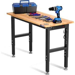 imageWORKPRO Garage Workbench 48quotX22quot Adjustable Workbench with Wheels and Leveling Foot Rubber Wood Top Work Desk with Power Outlets 1500 LBS Workbenches for Garage Workshop Office Home48x22 with Leveling Foot