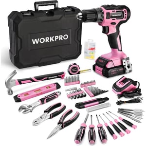 imageWORKPRO 20V Pink Cordless Drill Driver and Home Tool Set 141PCS Hand Tool Kit for DIY Home Maintenance 20 Ah Liion Battery 1 Hour Fast Charger and Tool Box Included  Pink Ribbon