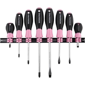 imageWORKPRO Magnetic Screwdrivers Set 8piece Pink Hand tools for Womens Includes Philips Flathead Slotted Stubby Screwdrivers with Organizer Rack  Pink Ribbon