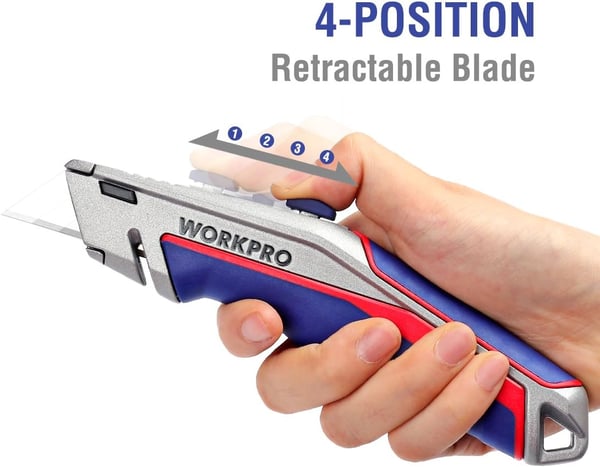 WORKPRO Retractable Utility Knife Box Cutter with Quickchange Blade Mechanism Blade Storage Compartment Hidden in Zinc Alloy Handle 15 Extra Blades IncludedWORKPRO Retractable Utility Knife Box Cutter with Quickchange Blade Mechanism Blade Storage Compartment Hidden in Zinc Alloy Handle 15 Extra Blades Included