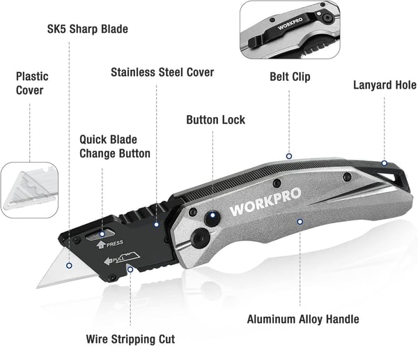 WORKPRO FoldingnbspUtility Knife Heavy Duty Metal Quick Open Axis Lock Box Cutter Quick Change Blade Razor Knife 1PC with 10 Extra SK5 BladesSilver