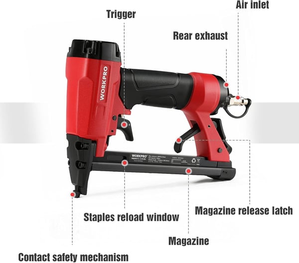 WORKPRO 8016 Pneumatic Staple Gun 21 Gauge Upholstery Stapler with 1500pcs Staples 14quot to 58quot AirPowered Rear Exhaust for Carpentry Woodworking and DIY Projects20G PT50