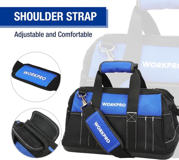 WORKPRO 16inch Wide Mouth Tool Bag Heavy Duty Cloth Tool Storage Bag with Water Proof Molded Base Adjustable Shoulder StrapBlackBlue