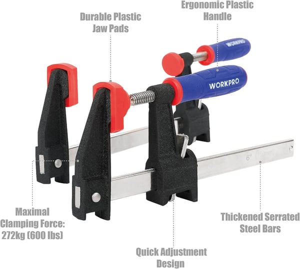 WORKPRO 6Inch amp 12Inch Steel Bar Clamps Set 4pack QuickRelease Clutch Style Bar Clamps with 212 Throat Adjustment Handle and 600 lbs Load Limit F Clamp for Woodworking Metalworking DIY6 inch