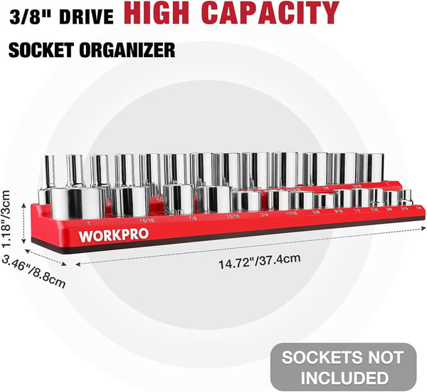 WORKPRO 38inch Magnetic Socket Organizer Set 2Piece SAE amp Metric Socket Holders Holds 56 Standard and Deep Sockets for Tool Box Tool Carts Sockets Not Included38 SAEampMetric