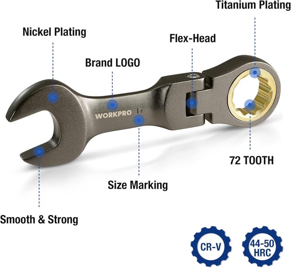 WORKPRO 8Piece Stubby Antislip Ratcheting Combination Wrench Set SAE 51634 in 72Teeth CRV Black Electrophoretic Coating FlexHead Wrench Set with Rolling PouchMetric