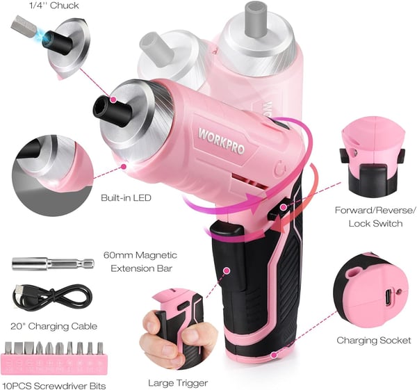 WORKPRO Pink Tool Set with 37V Rotatable Electric Screwdriver 18PCS Portable Ladies Home Tool Kit with Toolbox Cordless Electric Screwdriver Kit Household tool kit for Dorm Apartment Pink RibbonPink