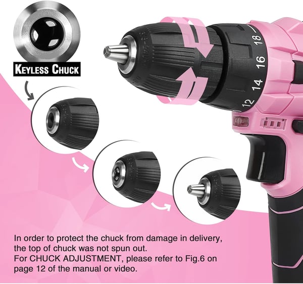 WORKPRO Pink Cordless Drill Driver Set 12V Electric Screwdriver Driver Tool Kit 38 Keyless Chuck Charger and Storage Bag Included  Pink RibbonPink