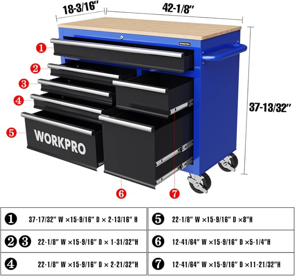 WORKPRO 42Inch 7Drawers Rolling Tool Chest Mobile Tool Storage Cabinet with Wooden Top Equipped with Casters Handle Drawer Liner and Locking System 1000 lbs Load Capacity42 inch