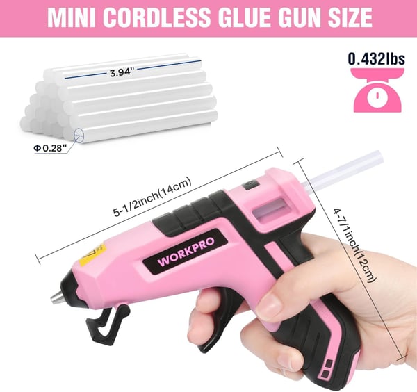 WORKPRO Cordless Hot Melt Glue Gun Rechargeable Fast Preheating Mini Glue Gun Kit with 20 Pcs Premium Glue Sticks AutomaticPowerOff Glue Gun for Art Crafts Decorations Fast Repairs Pink RibbonPink