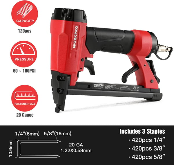 WORKPRO 8016 Pneumatic Staple Gun 21 Gauge Upholstery Stapler with 1500pcs Staples 14to 58 AirPowered Rear Exhaust for Carpentry Woodworking and DIY Projects20G PT50