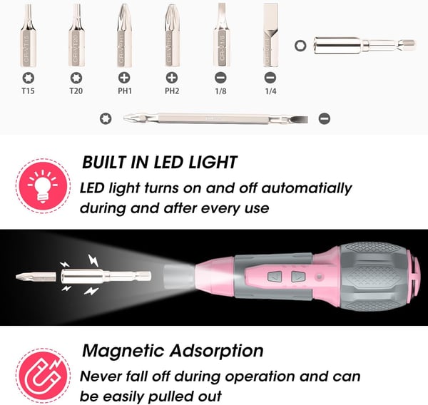 imageWORKPRO Electric Cordless Screwdriver Set  4V USB Rechargeable Lithiumion Battery Screwdriver Kit with LED Light  Small Screwdriver with 7pcs Bits for Home Office Apartment  Pink RibbonPink