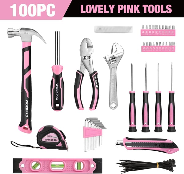 WORKPRO Pink Tool Set  100 Piece Pink Tool Kit with Easy Carrying Pouch Household Tool Kit for Home Apartment Office College Perfect for DIY Projects Home Maintenance  Pink RibbonPink