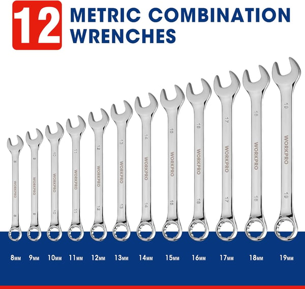 WORKPRO 12Piece Combination Wrench Set Metric 819mm Premium CrV Wrench Sets 12PT Mirror Polish Chrome Plating with Organization BagMetric