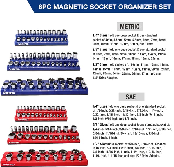 WORKPRO Magnetic Socket Organizer Set 6Piece Socket Holder Set Includes 14 38 12 Drive Metric SAE Socket Trays Holds 141 Pieces Standard Size and Deep Size SocketsSocket not IncludedWORKPRO Magnetic Socket Organizer Set 6Piece Socket Holder Set Includes 14 38 12 Drive Metric SAE Socket Trays Holds 141 Pieces Standard Size and Deep Size SocketsSocket not Included