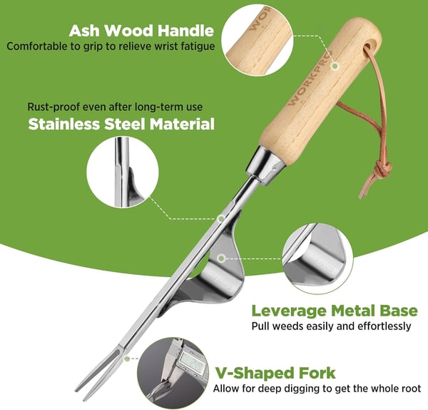 WORKPRO Weed Puller Tool Metal Leverage Base and VShaped Forks for Easy Weed Removal amp Deeper Root Digging Heavy Duty Stainless Steel with Wood Handle Manual Hand Weeder for Gardening13 Hand Weeder