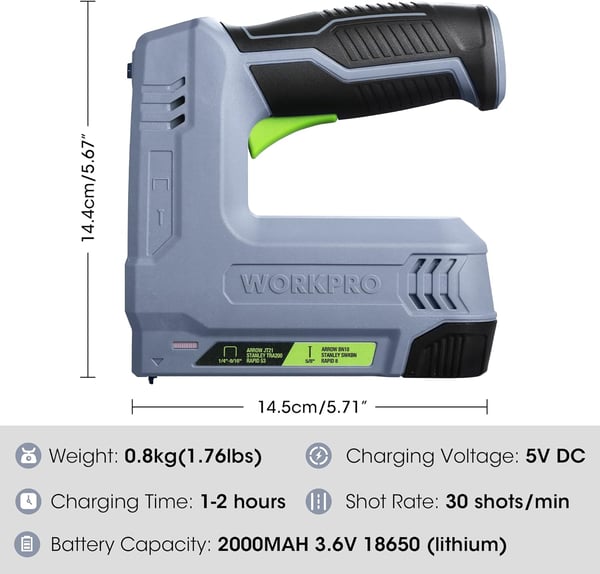 WORKPRO 36V Power Electric Cordless 2in1 Staple and Nail Gun 20Ah Battery Powered Stapler for Upholstery Carpentry Crafts DIY Including USB Charger Cable 2000PCS of Staples and Nails PinkGray